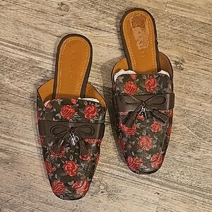 Coach Floral Embroidered Slide Mules - Red & Brown Nick On The Back Of Heel